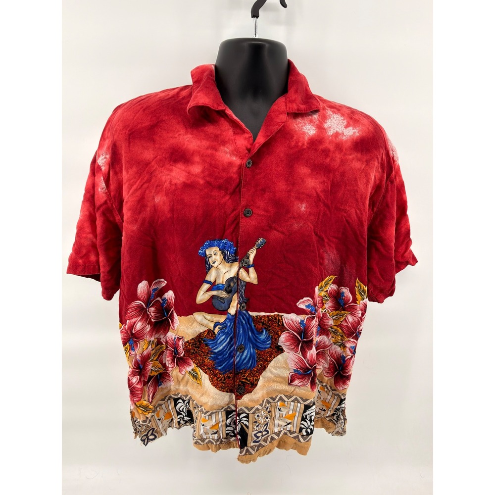 Basix Vintage Hawaiian Shirt Mens XL‎ Red Acid Wash Hula Girl Ukulele Aloha Camp